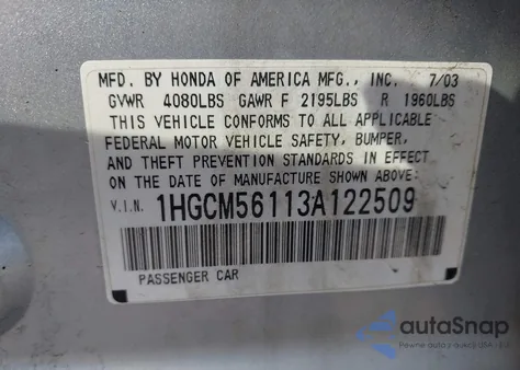 2003 Honda Accord 2.4 Dx from USA, damaged, VIN 1HGCM56113A122509